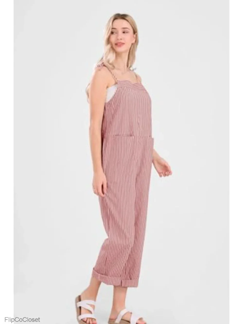 Women's Striped Overalls Loose Fit Cotton Linen Bib Pants